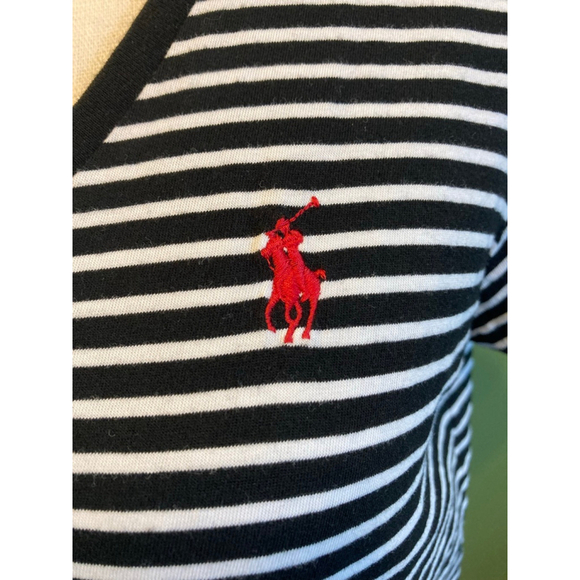 Women's Polo Ralph Lauren M Black White Stripe V-Neck Short Sleeve Tee Red Logo - Picture 2 of 5